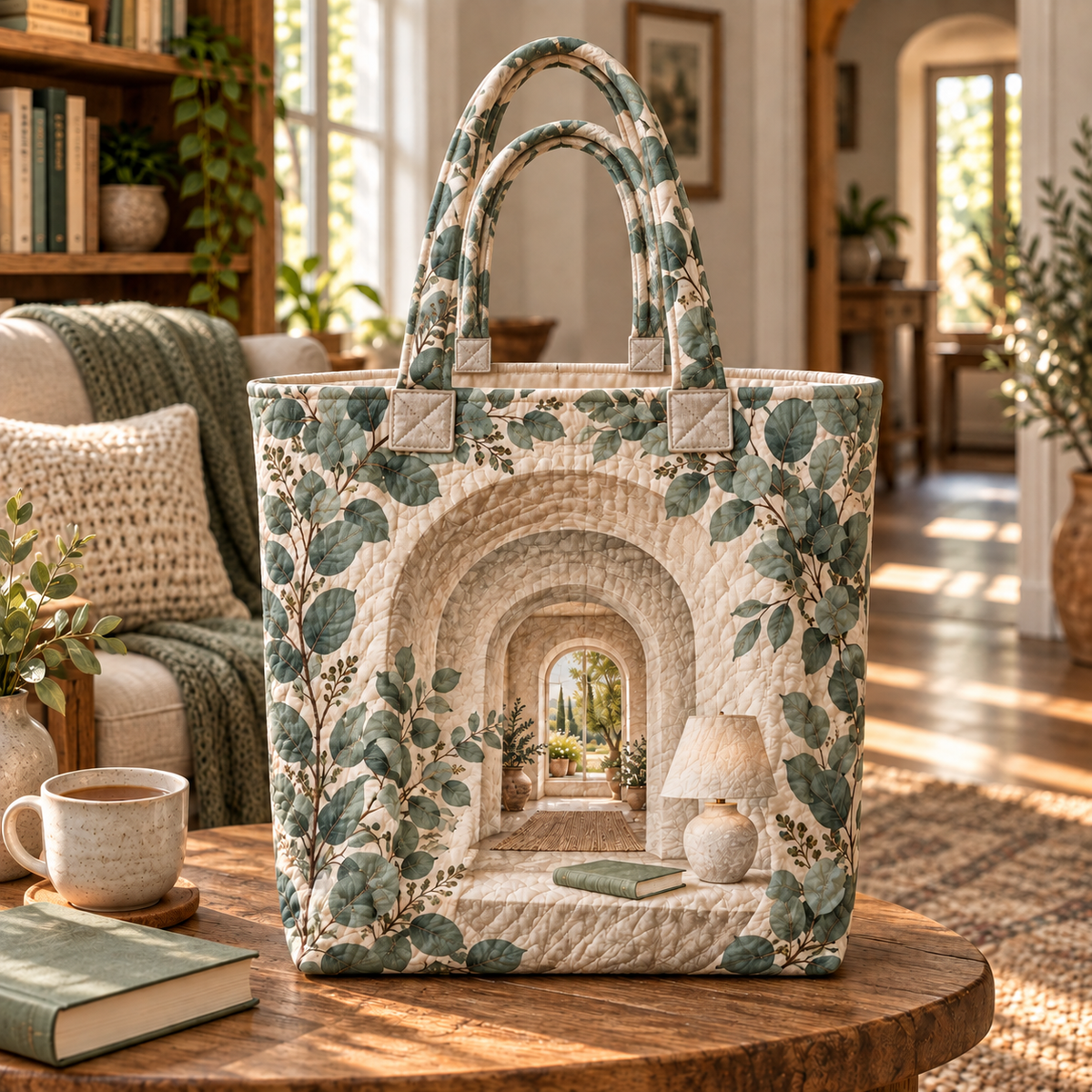 Eucalyptus Quiet Corner Quilted Tote Bag with flat printed eucalyptus quiet-corner artwork