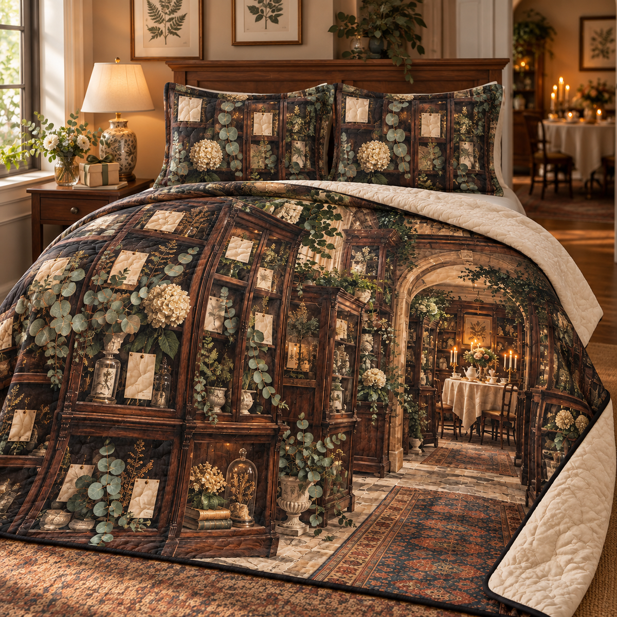 Eucalyptus Collector Birthday Quilted Bedding Set with flat printed botanical collector gallery artwork