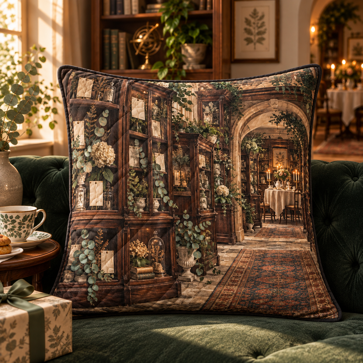 Eucalyptus Collector Birthday Quilted Cushion Cover with flat printed botanical collector gallery artwork