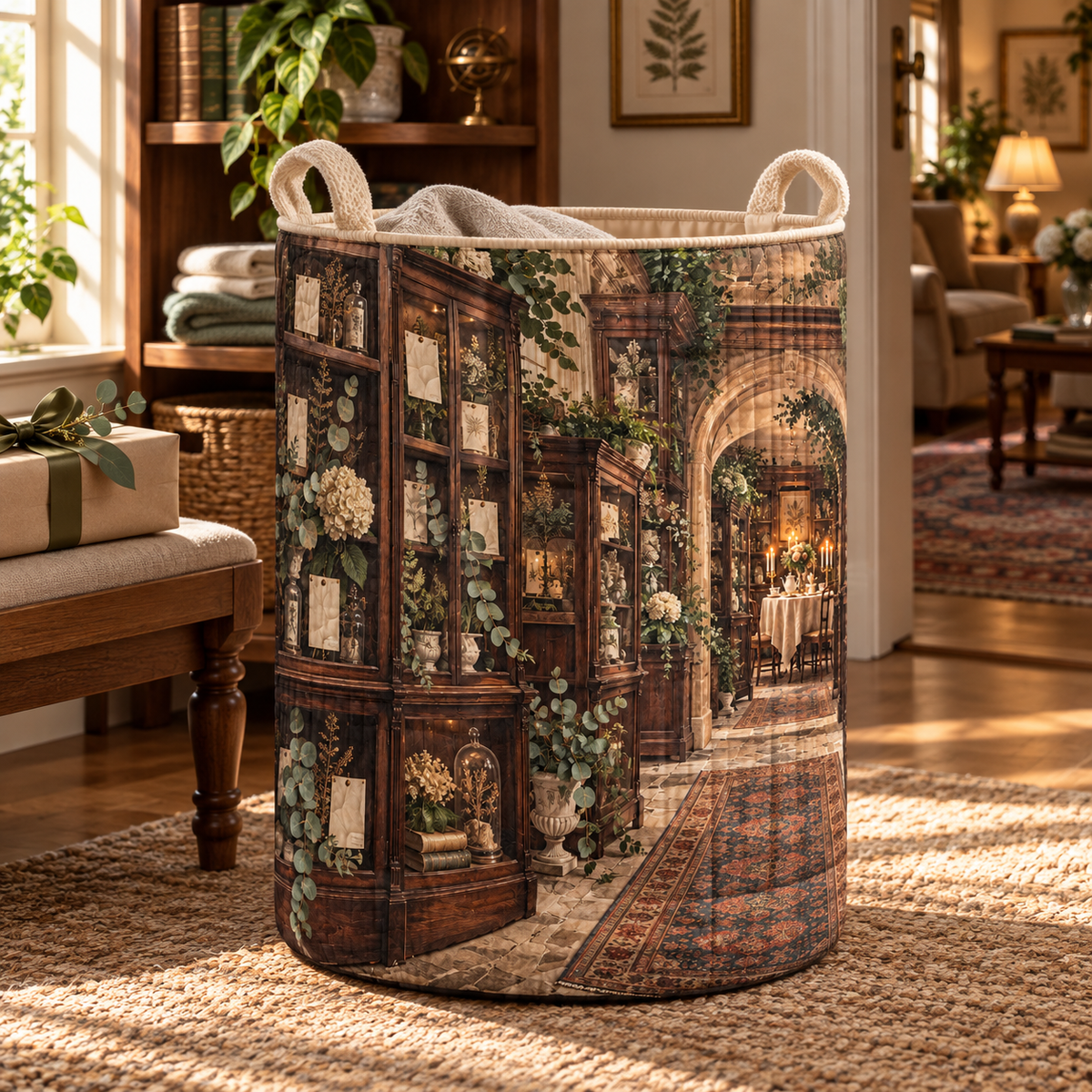 Eucalyptus Collector Birthday Laundry Hamper with flat printed botanical collector gallery artwork