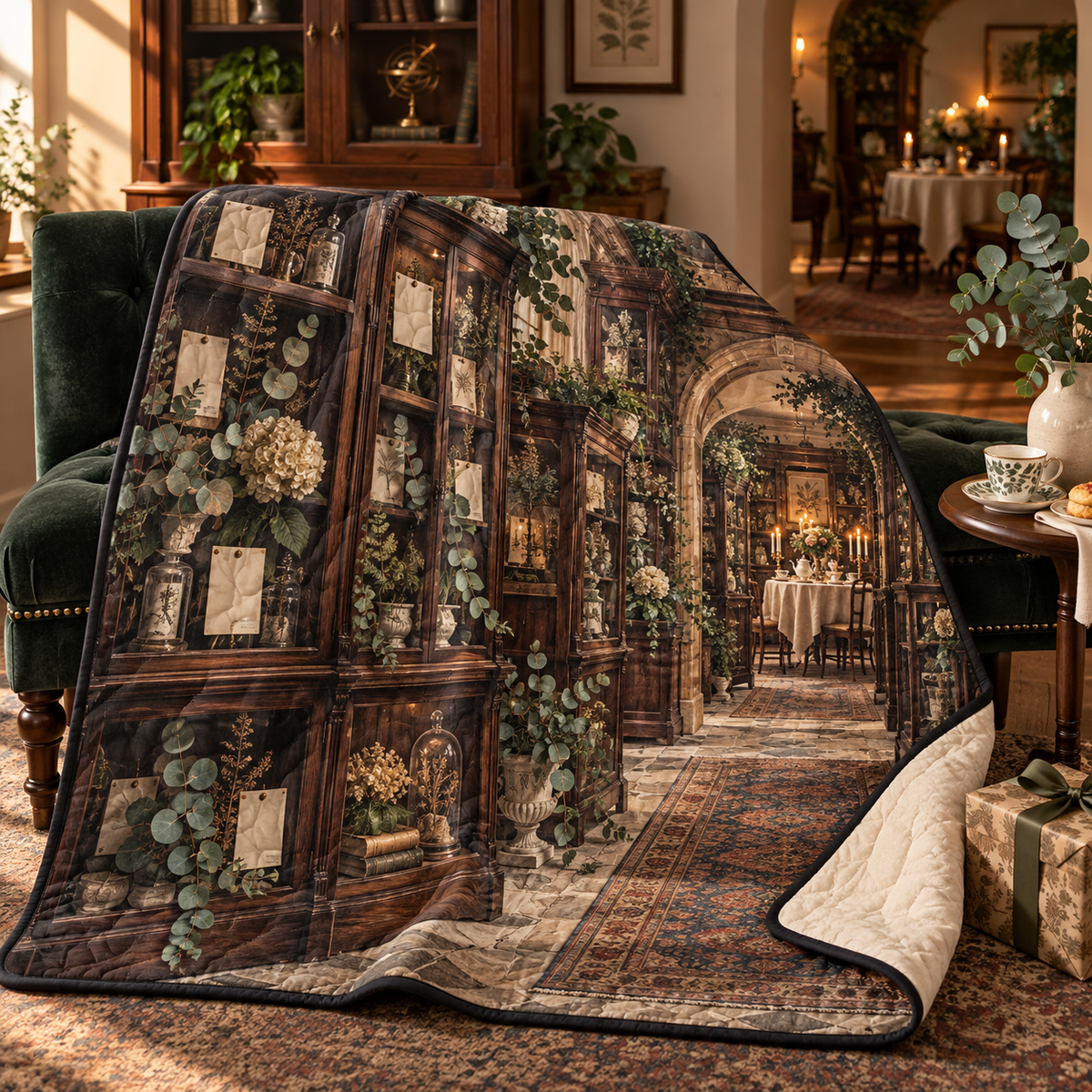 Eucalyptus Collector Birthday Quilt Blanket with flat printed botanical collector gallery artwork