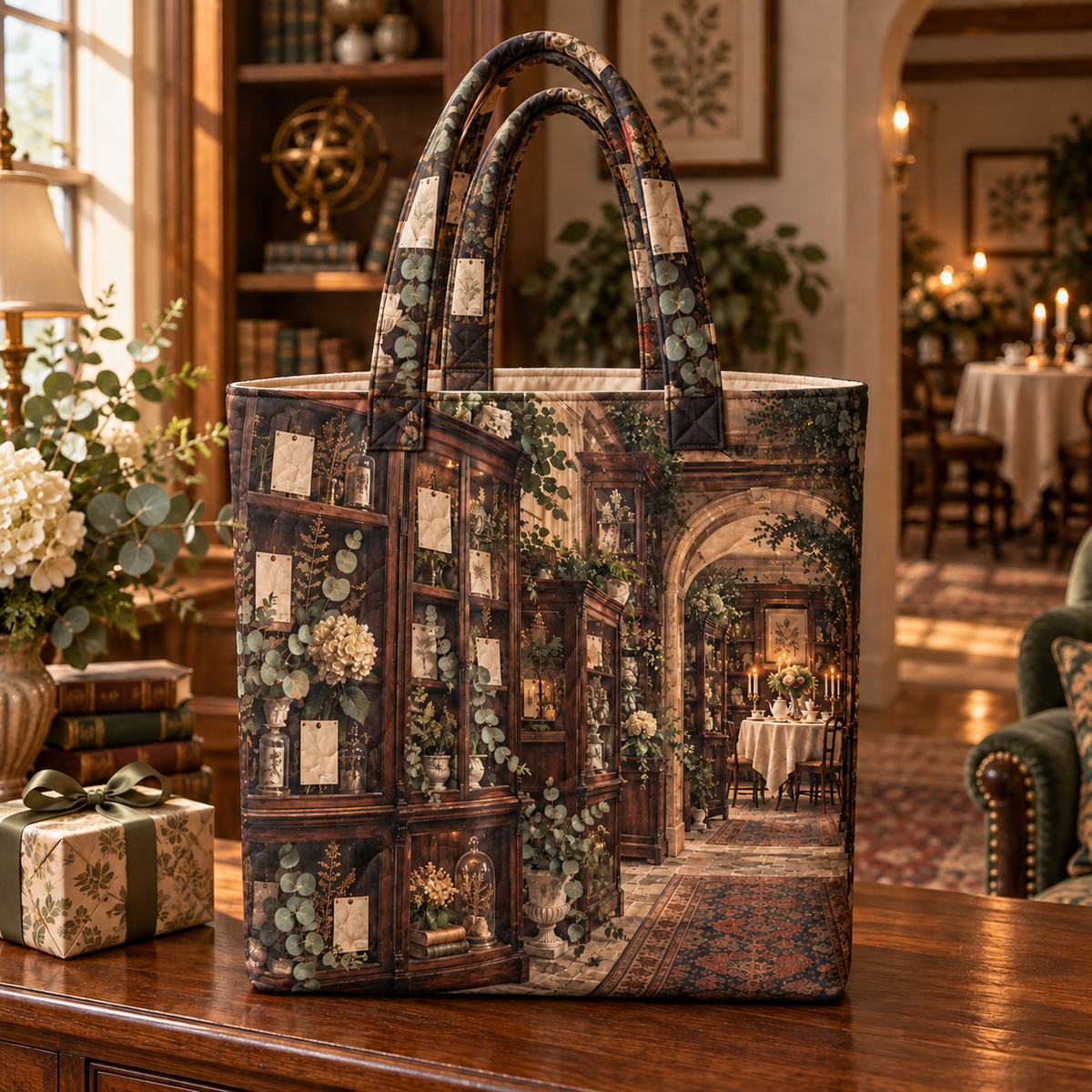 Eucalyptus Collector Birthday Quilted Tote Bag with flat printed botanical collector gallery artwork