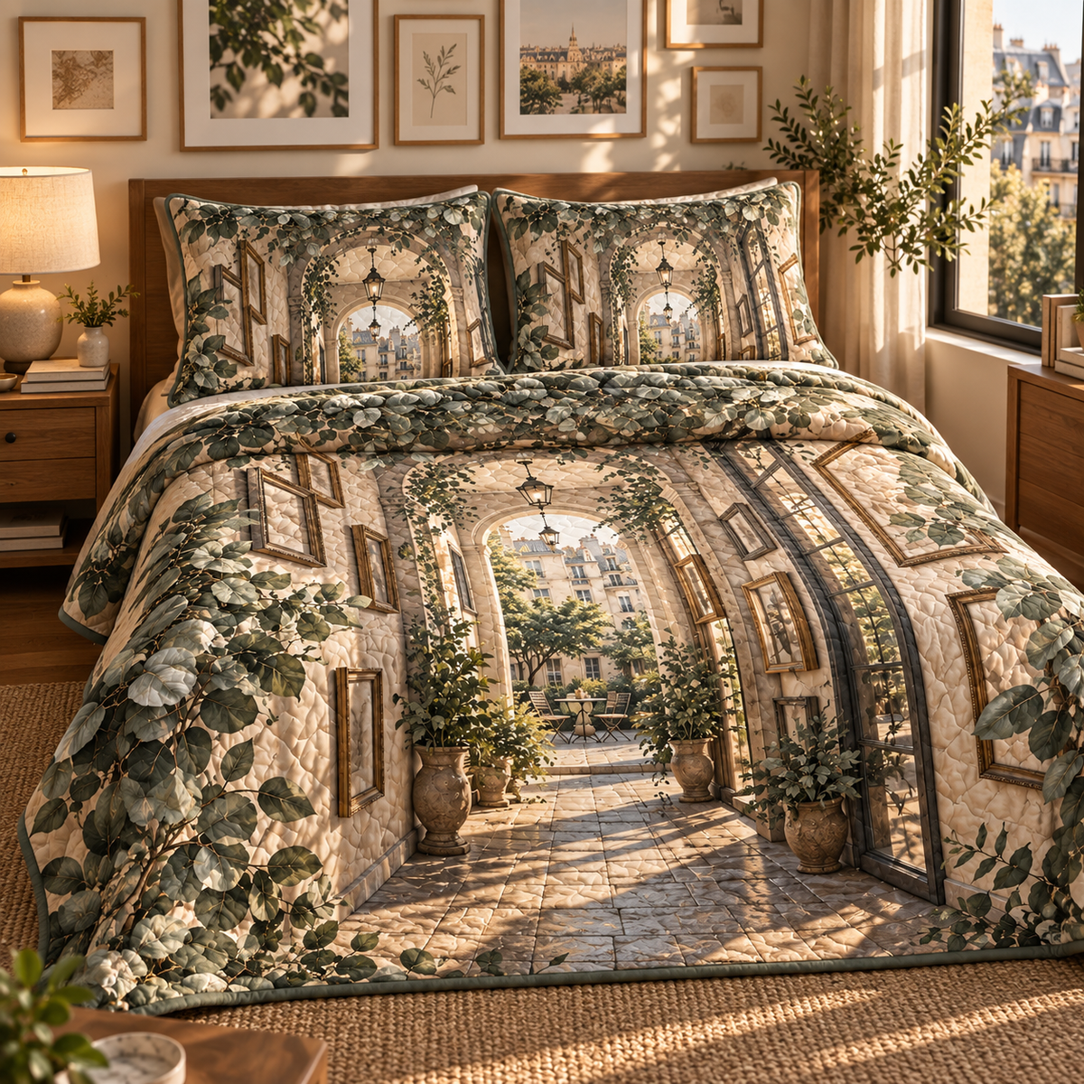 Eucalyptus Apartment Gallery Quilted Bedding Set with flat printed eucalyptus apartment gallery artwork