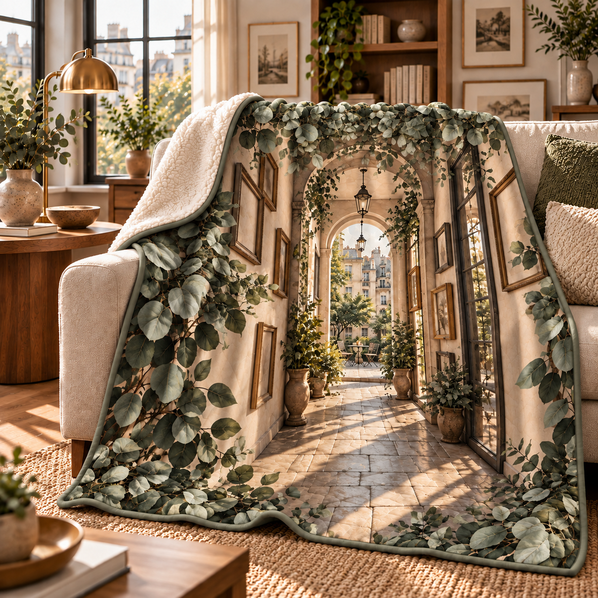 Eucalyptus Apartment Gallery Sherpa & Fleece Blanket with flat printed eucalyptus apartment gallery artwork