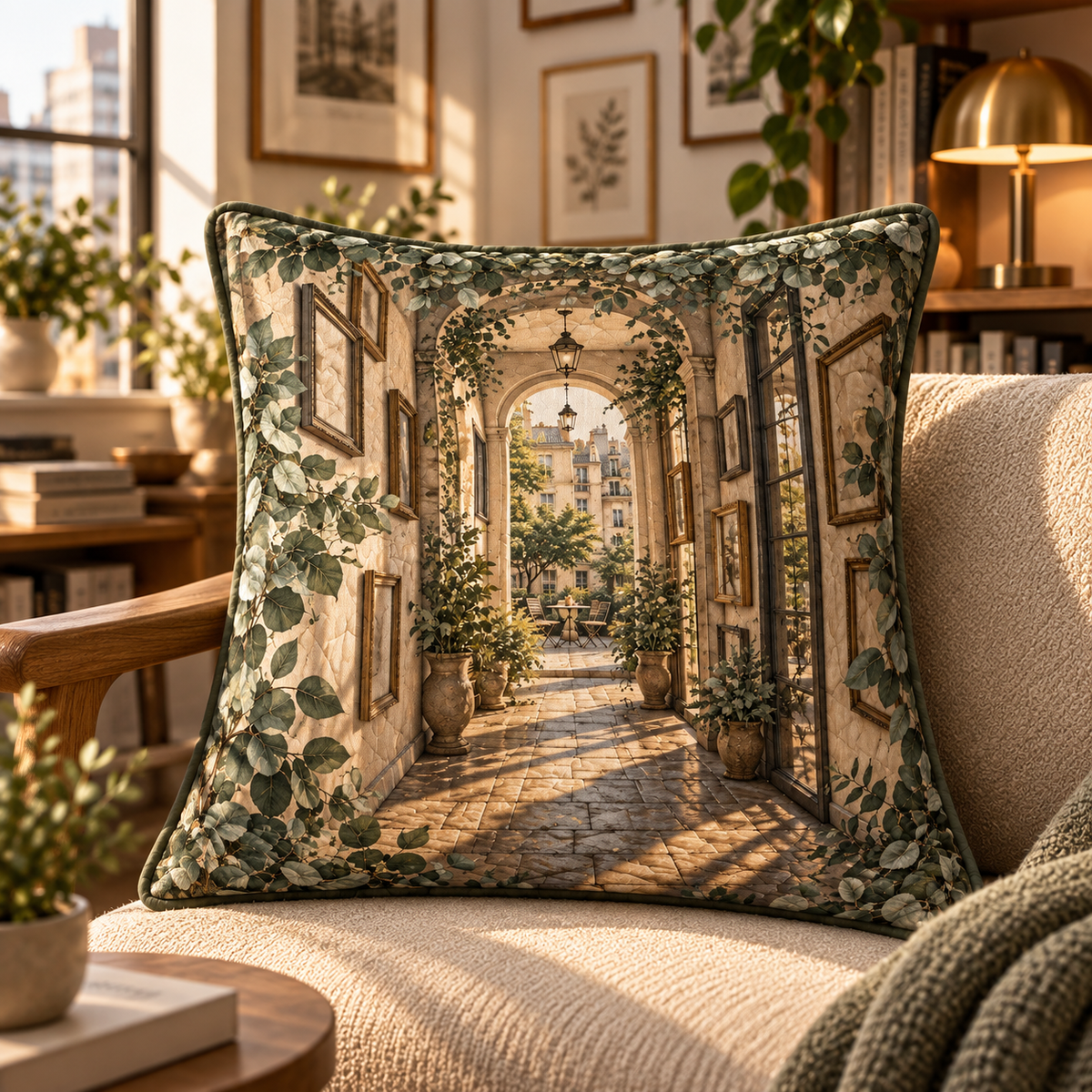 Eucalyptus Apartment Gallery Quilted Cushion Cover with flat printed eucalyptus apartment gallery artwork