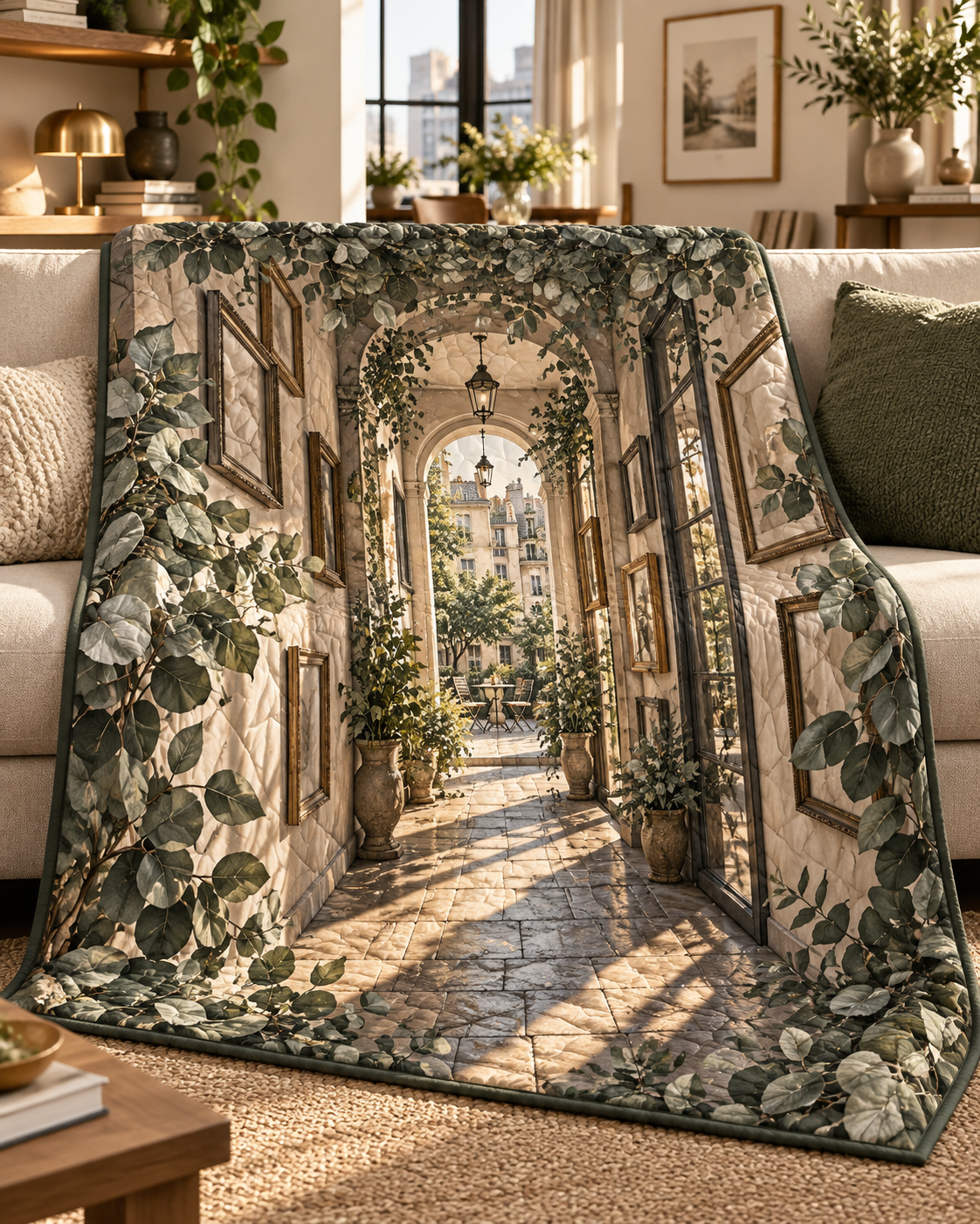 Eucalyptus Apartment Gallery Quilt Blanket with flat printed eucalyptus apartment gallery artwork