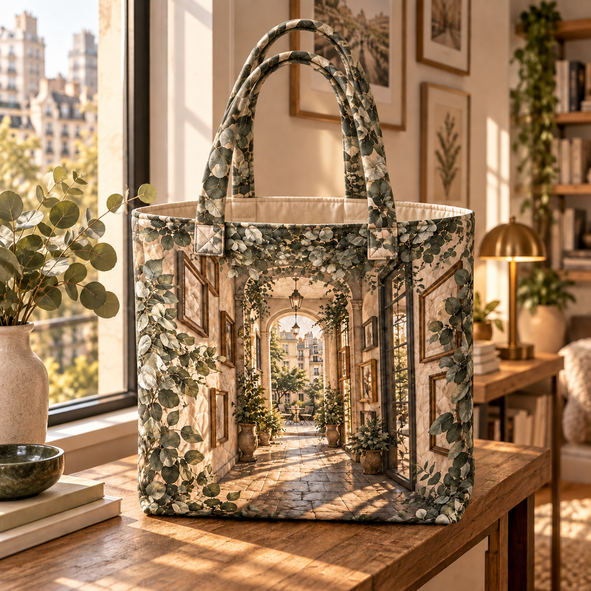Eucalyptus Apartment Gallery Quilted Tote Bag with flat printed eucalyptus apartment gallery artwork