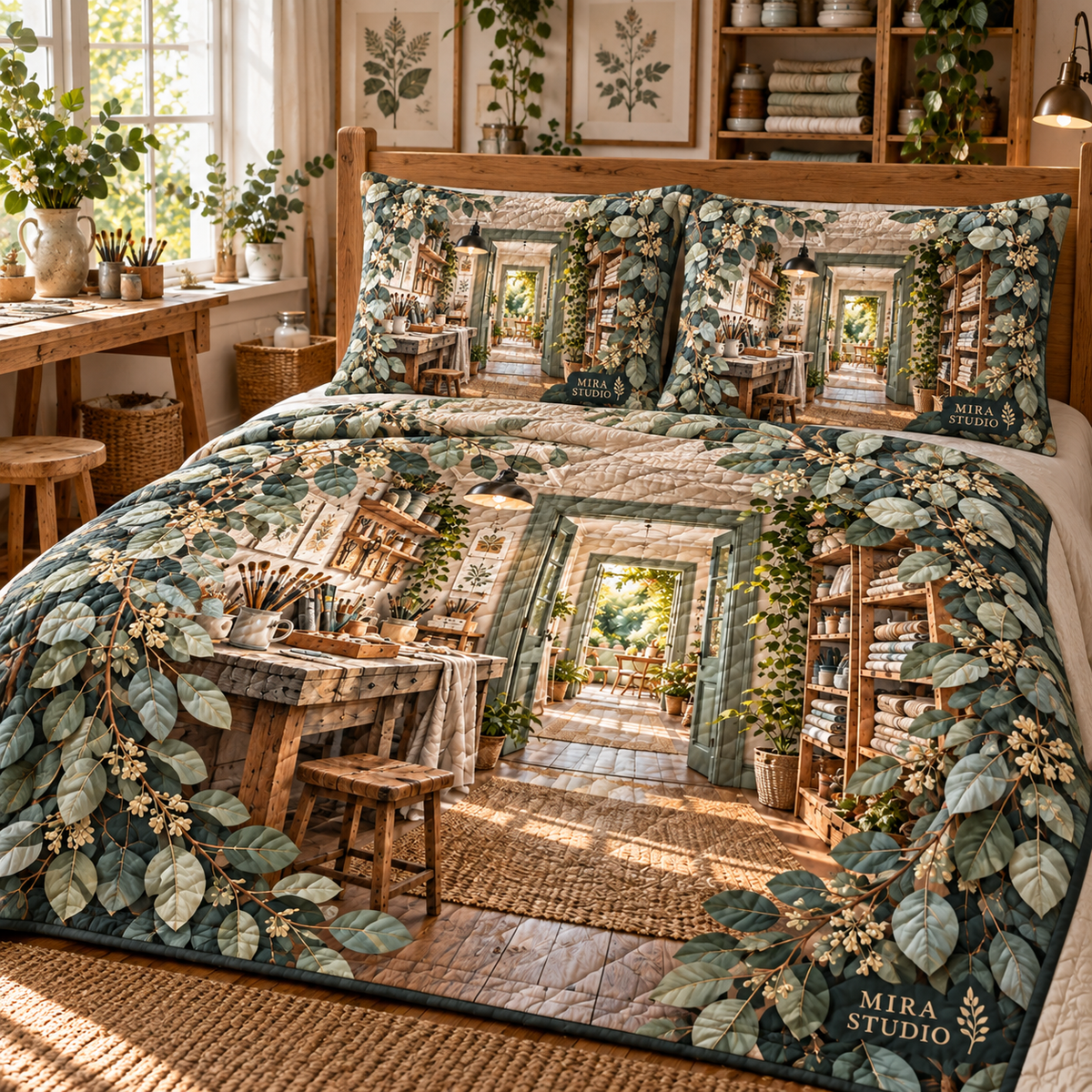 Eucalyptus Hobby Studio Quilted Bedding Set with flat printed eucalyptus hobby studio artwork and sample studio name