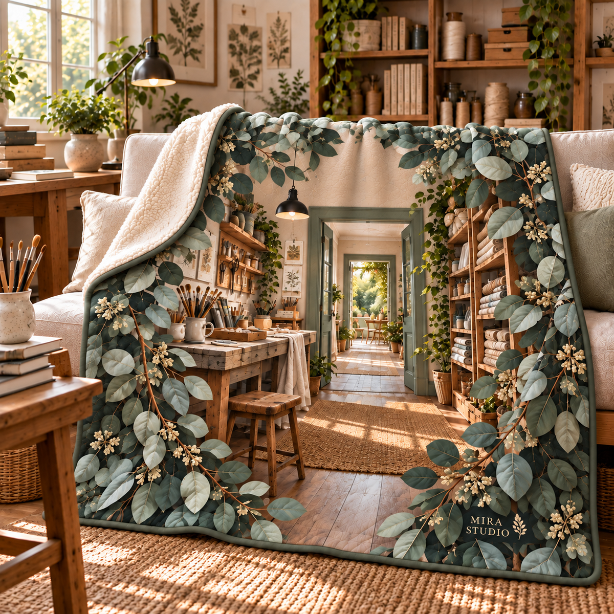 Eucalyptus Hobby Studio Sherpa & Fleece Blanket with flat printed eucalyptus hobby studio artwork and sample studio name