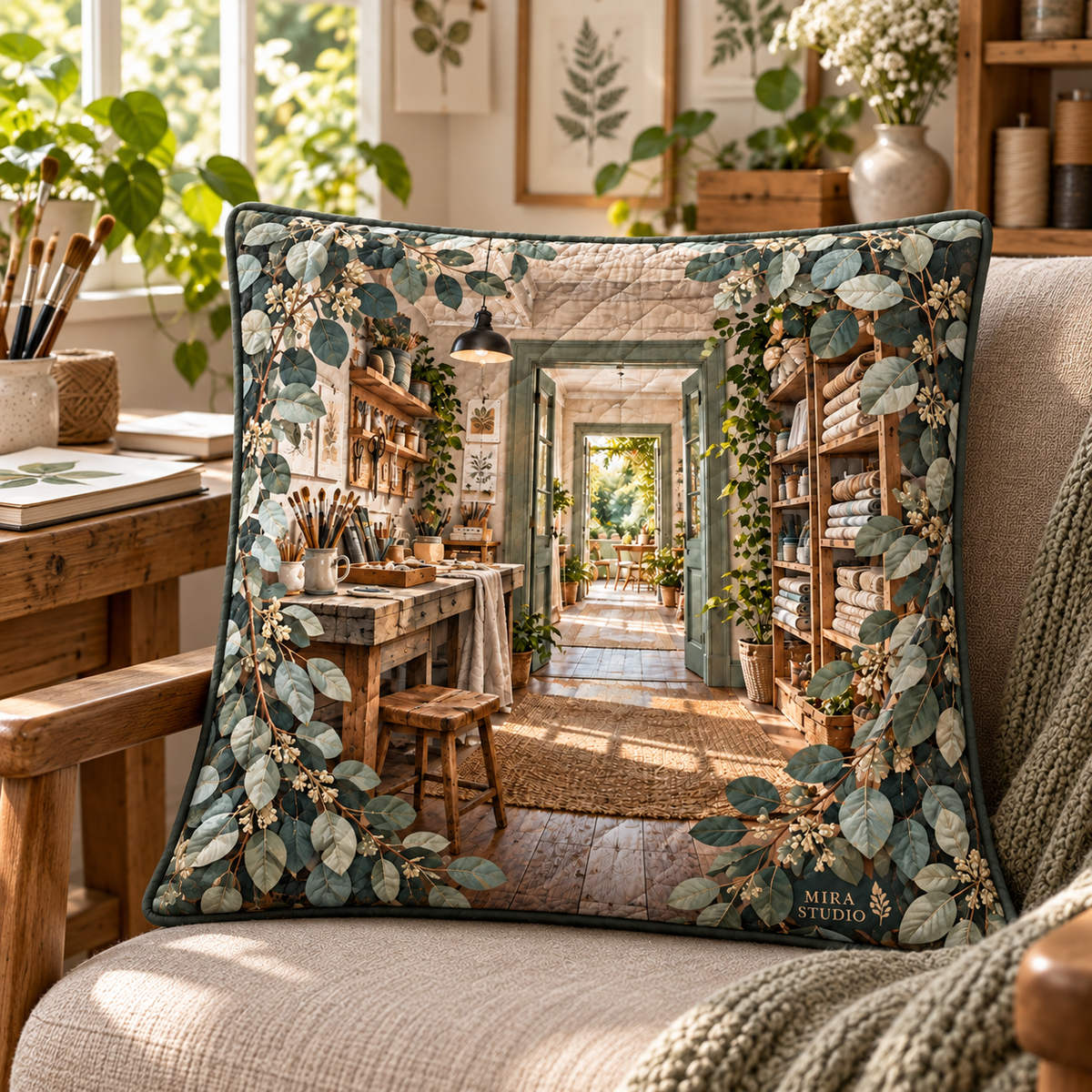 Eucalyptus Hobby Studio Quilted Cushion Cover with flat printed eucalyptus hobby studio artwork and sample studio name