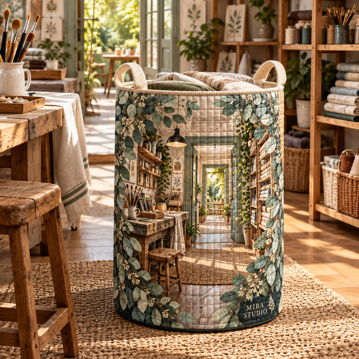 Eucalyptus Hobby Studio Laundry Hamper with flat printed eucalyptus hobby studio artwork and sample studio name