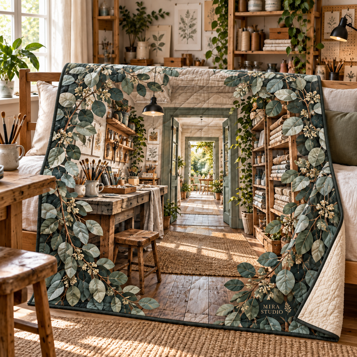 Eucalyptus Hobby Studio Quilt Blanket with flat printed eucalyptus hobby studio artwork and sample studio name