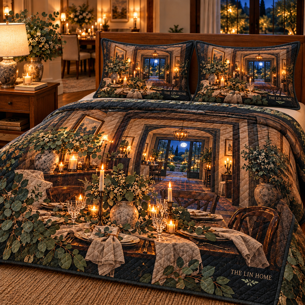 Eucalyptus Host Thank You Quilted Bedding Set with flat printed eucalyptus dinner-room artwork and sample household name