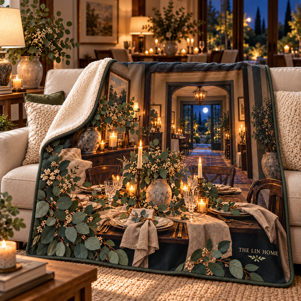 Eucalyptus Host Thank You Sherpa & Fleece Blanket with flat printed eucalyptus dinner-room artwork and sample household name