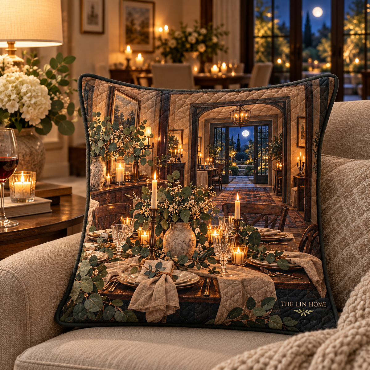 Eucalyptus Host Thank You Quilted Cushion Cover with flat printed eucalyptus dinner-room artwork and sample household name