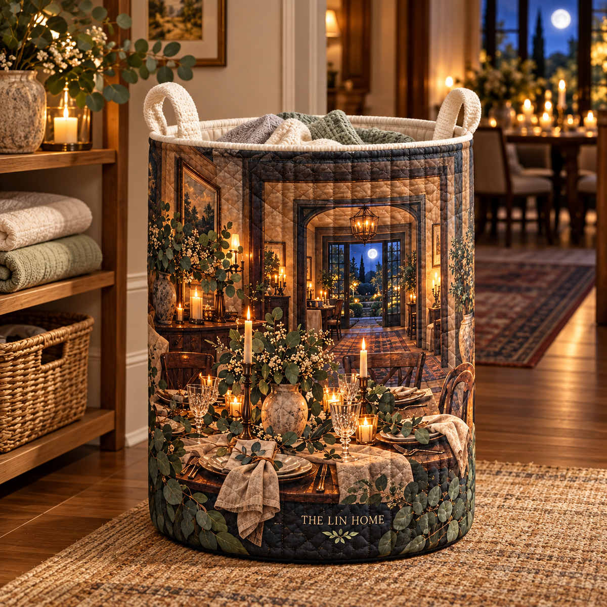Eucalyptus Host Thank You Laundry Hamper with flat printed eucalyptus dinner-room artwork and sample household name
