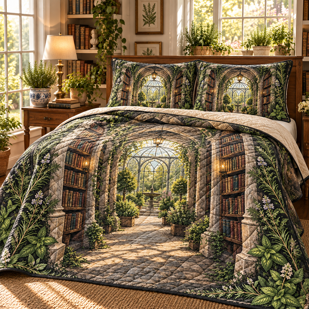 Herb Garden Reading Nook Quilted Bedding Set with flat printed herb garden reading alcove artwork