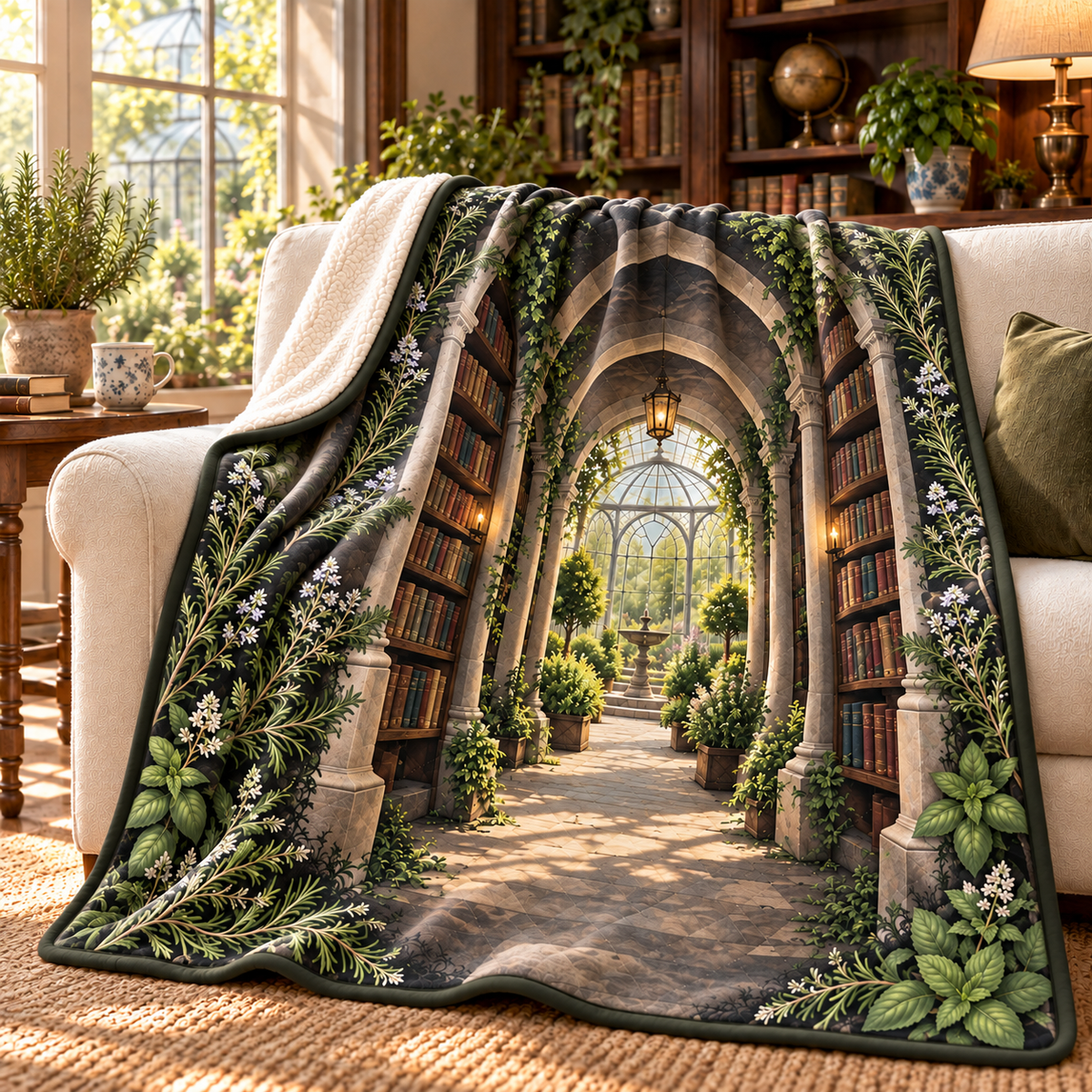 Herb Garden Reading Nook Sherpa & Fleece Blanket with flat printed herb garden reading alcove artwork