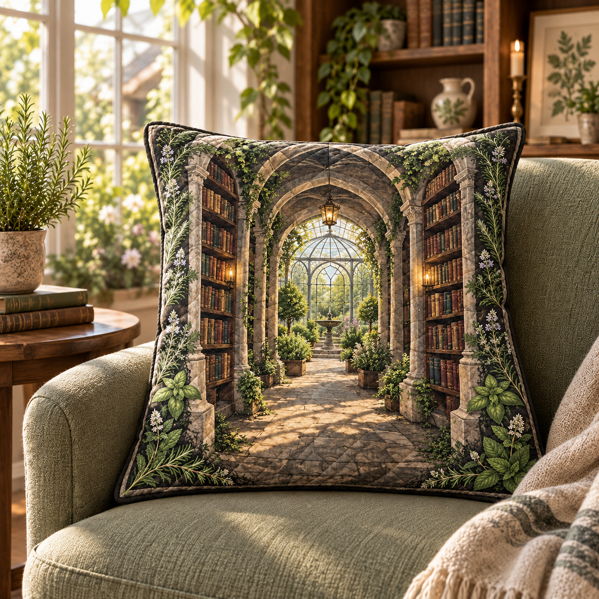 Herb Garden Reading Nook Quilted Cushion Cover with flat printed herb garden reading alcove artwork