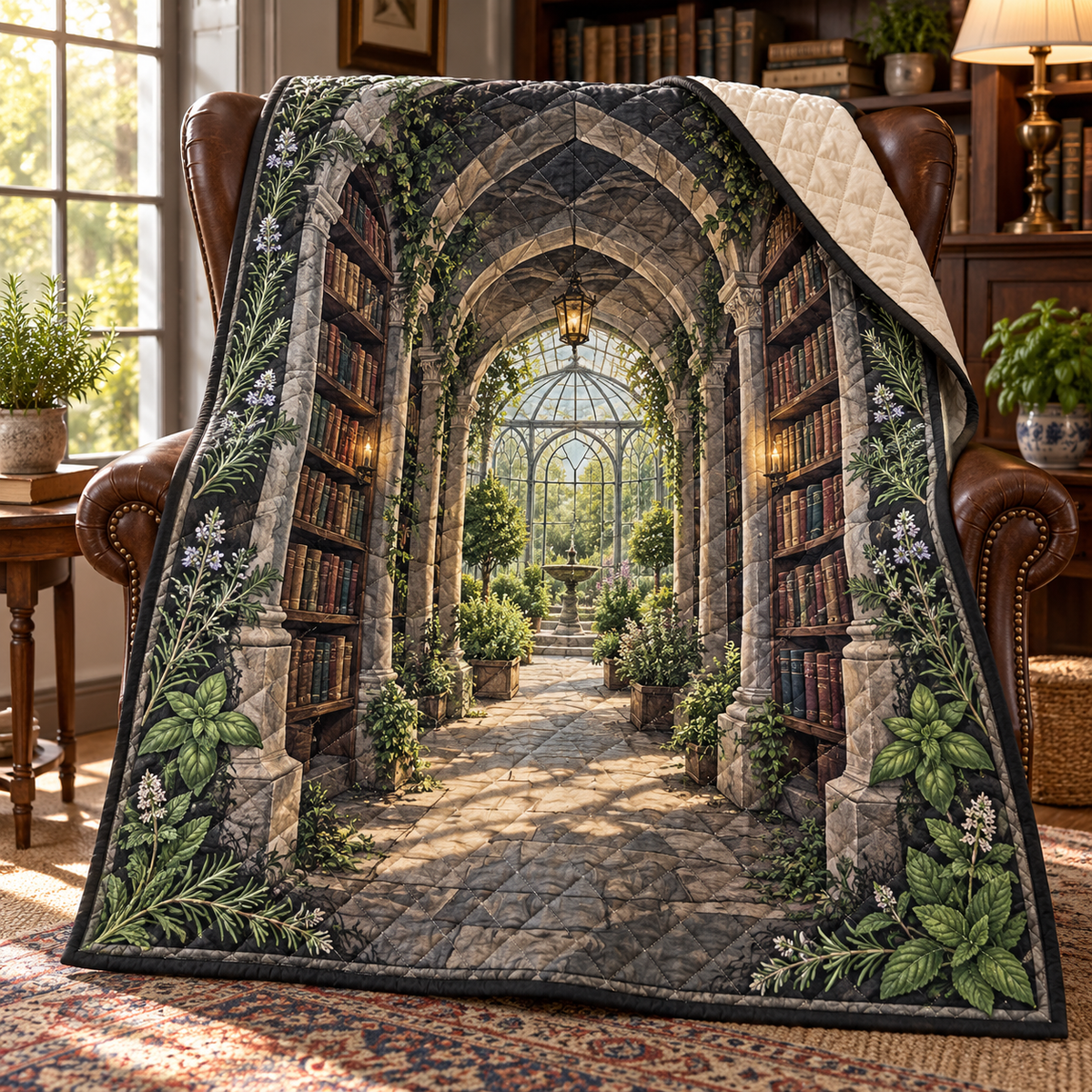 Herb Garden Reading Nook Quilt Blanket with flat printed herb garden reading alcove artwork