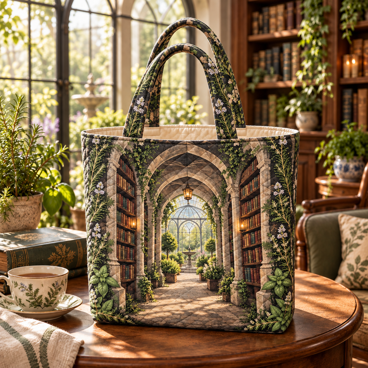 Herb Garden Reading Nook Quilted Tote Bag with flat printed herb garden reading alcove artwork
