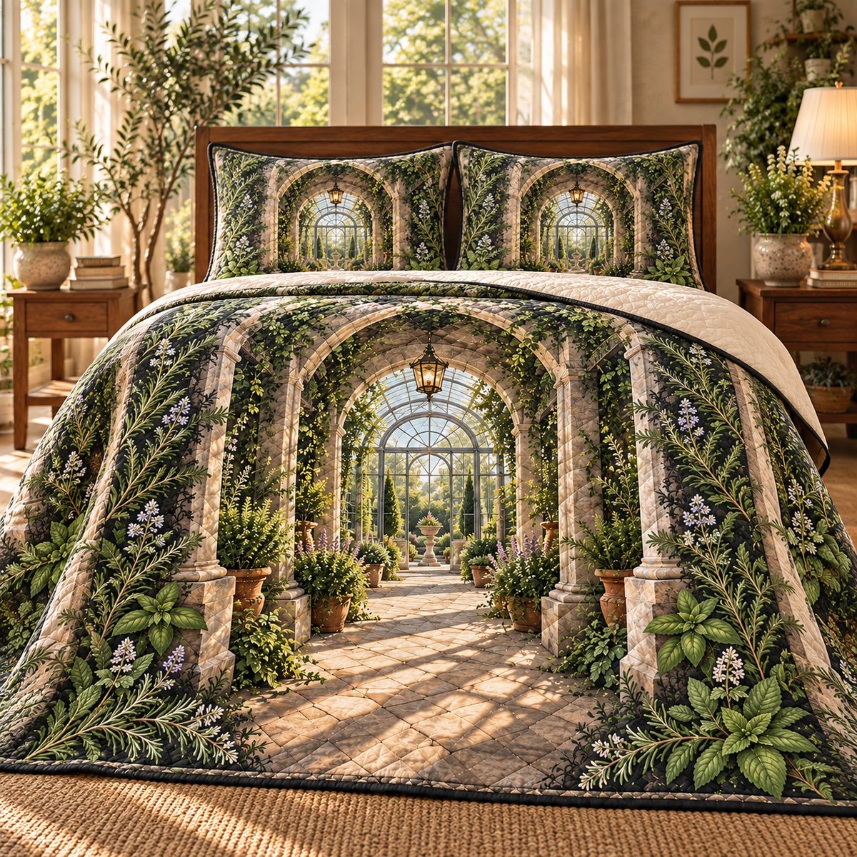 Herb Garden Bedroom Statement Quilted Bedding Set with flat printed herb garden bedroom conservatory artwork