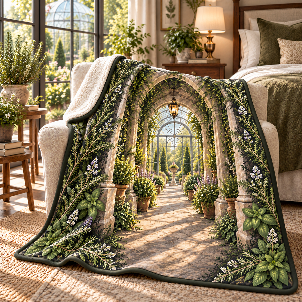 Herb Garden Bedroom Statement Sherpa & Fleece Blanket with flat printed herb garden bedroom conservatory artwork