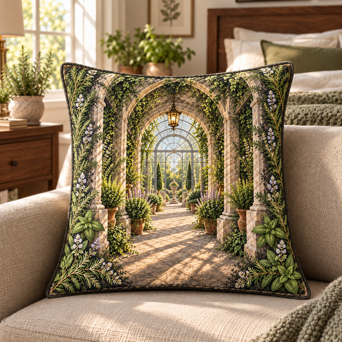 Herb Garden Bedroom Statement Quilted Cushion Cover with flat printed herb garden bedroom conservatory artwork