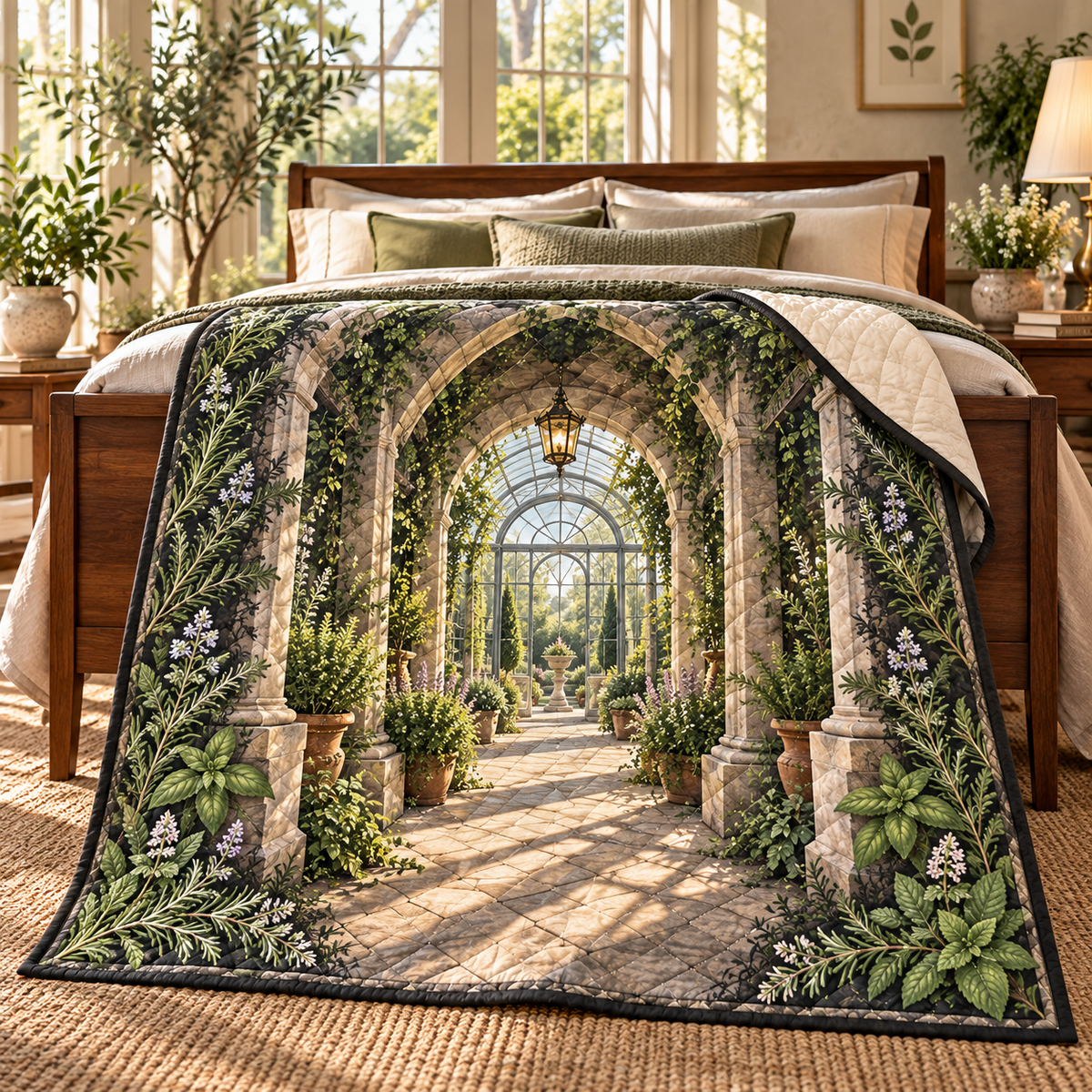 Herb Garden Bedroom Statement Quilt Blanket with flat printed herb garden bedroom conservatory artwork