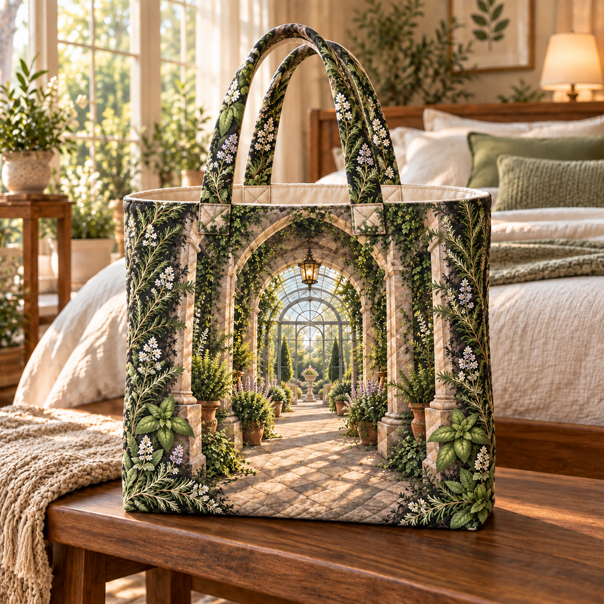 Herb Garden Bedroom Statement Quilted Tote Bag with flat printed herb garden bedroom conservatory artwork