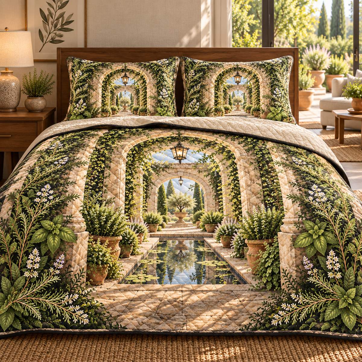 Herb Garden Living Room Focal Point Quilted Bedding Set with flat printed herb garden terrace artwork
