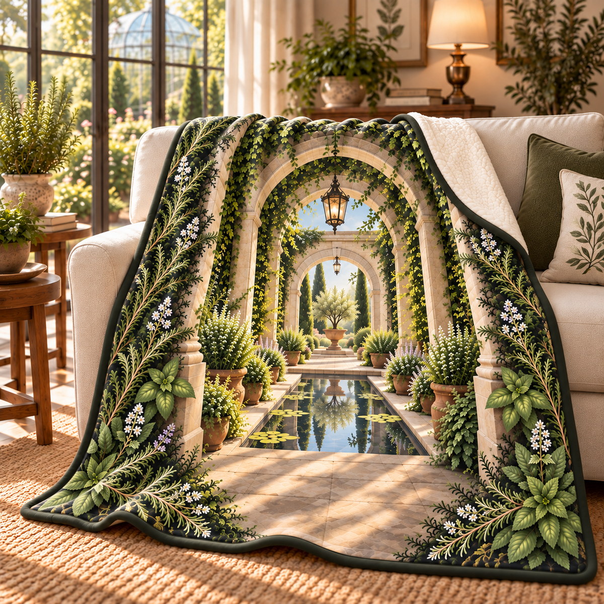 Herb Garden Living Room Focal Point Sherpa & Fleece Blanket with flat printed herb garden terrace artwork