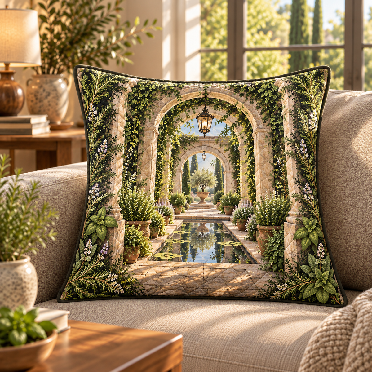 Herb Garden Living Room Focal Point Quilted Cushion Cover with flat printed herb garden terrace artwork