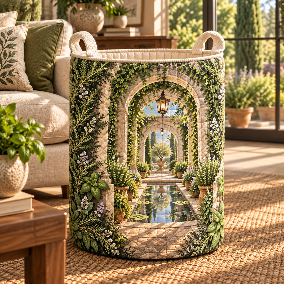 Herb Garden Living Room Focal Point Laundry Hamper with flat printed herb garden terrace artwork