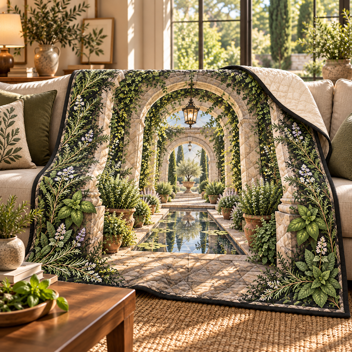 Herb Garden Living Room Focal Point Quilt Blanket with flat printed herb garden terrace artwork