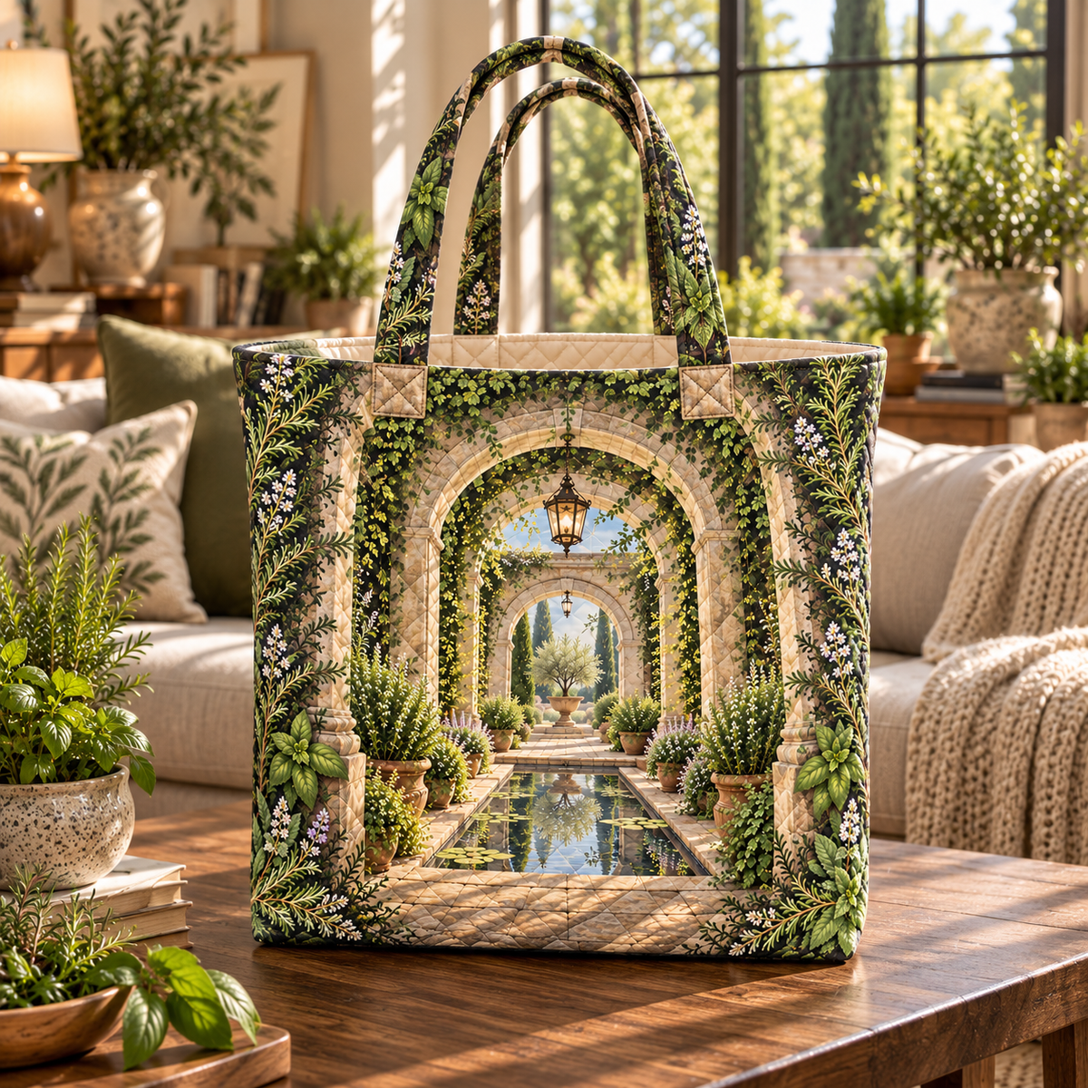 Herb Garden Living Room Focal Point Quilted Tote Bag with flat printed herb garden terrace artwork
