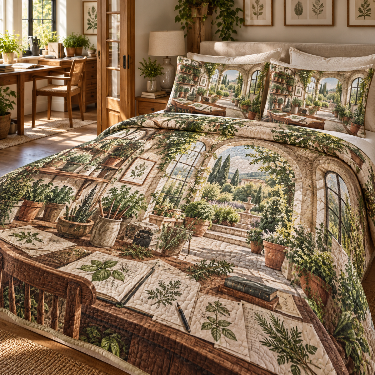 Herb Garden Home Office Backdrop Quilted Bedding Set with flat printed home-office herbarium artwork