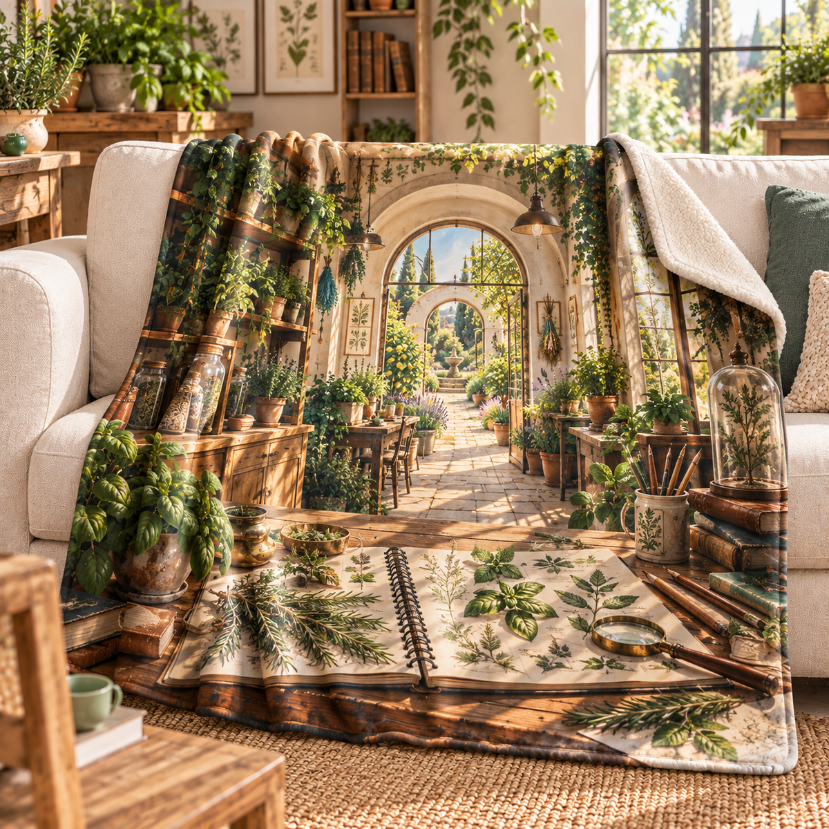 Herb Garden Home Office Backdrop Sherpa & Fleece Blanket with flat printed home-office herbarium artwork