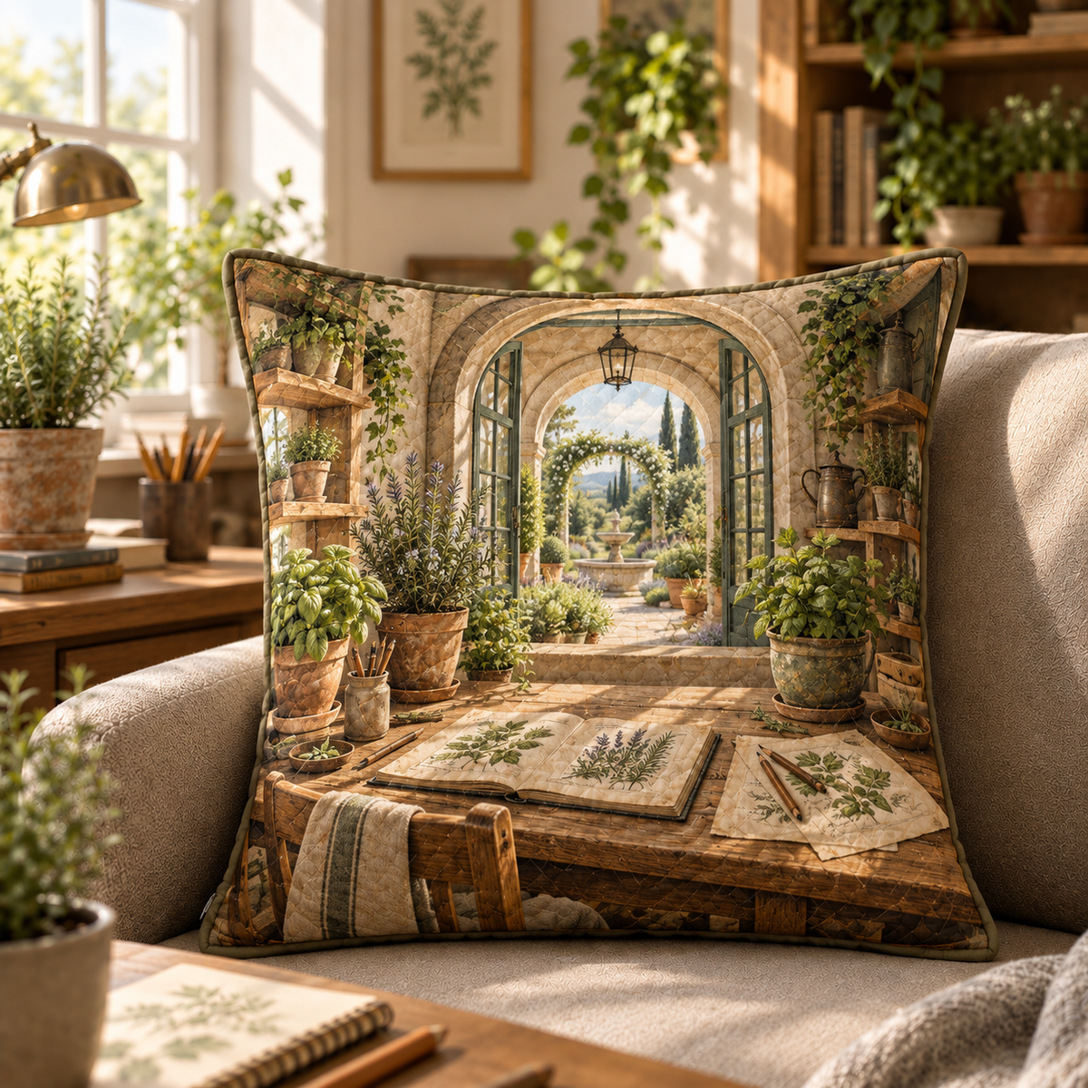 Herb Garden Home Office Backdrop Quilted Cushion Cover with flat printed home-office herbarium artwork