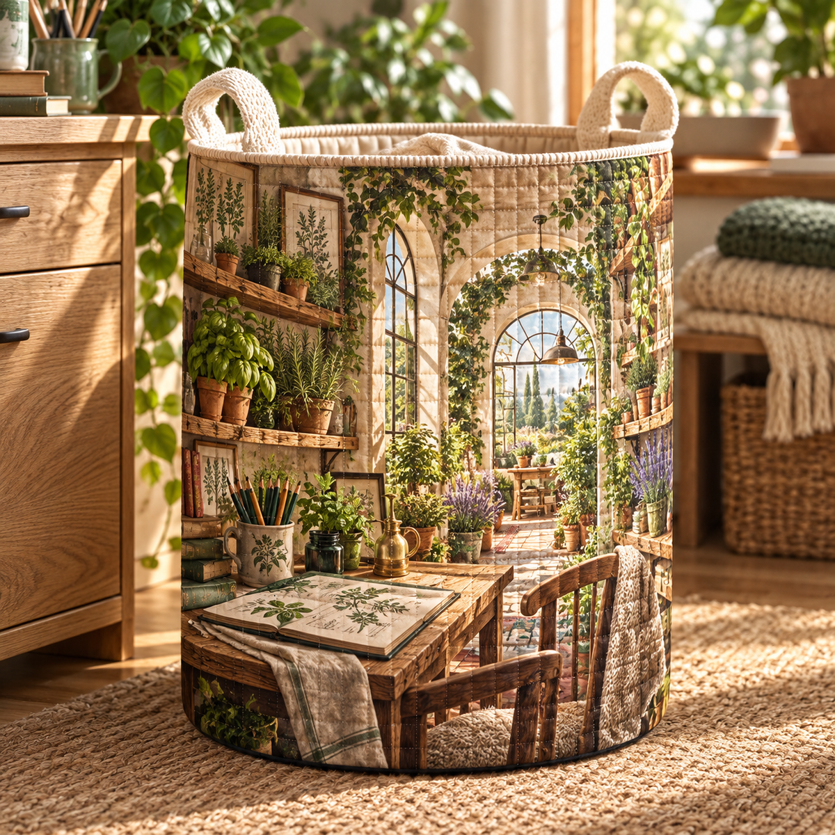 Herb Garden Home Office Backdrop Laundry Hamper with flat printed home-office herbarium artwork