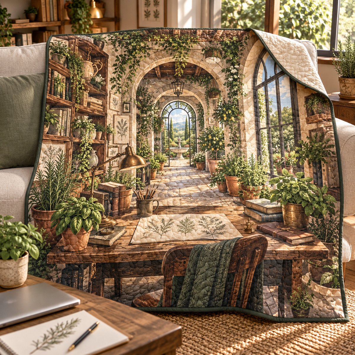Herb Garden Home Office Backdrop Quilt Blanket with flat printed home-office herbarium artwork