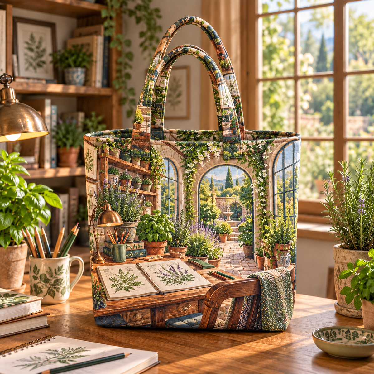 Herb Garden Home Office Backdrop Quilted Tote Bag with flat printed home-office herbarium artwork