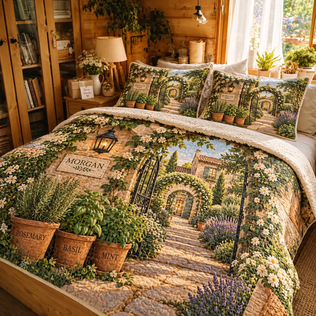Herb Garden Housewarming Quilted Bedding Set with flat printed personalized herb garden housewarming artwork