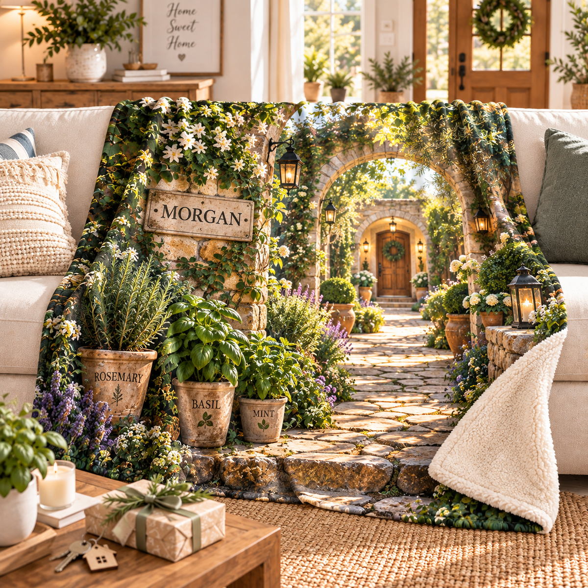 Herb Garden Housewarming Sherpa & Fleece Blanket with flat printed personalized herb garden housewarming artwork