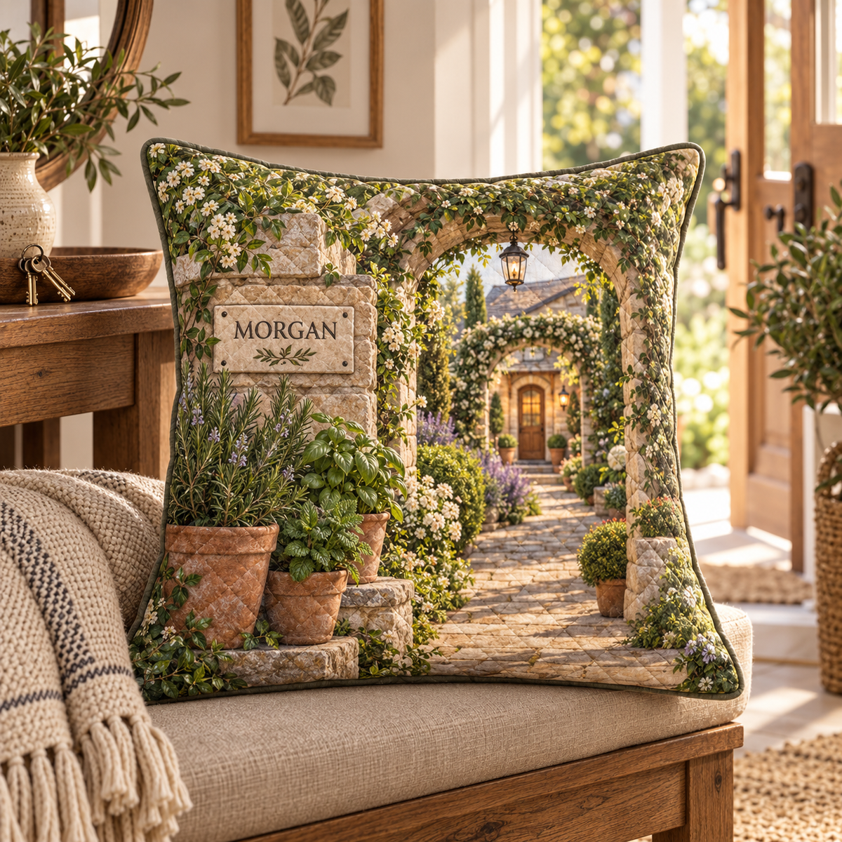 Herb Garden Housewarming Quilted Cushion Cover with flat printed personalized herb garden housewarming artwork