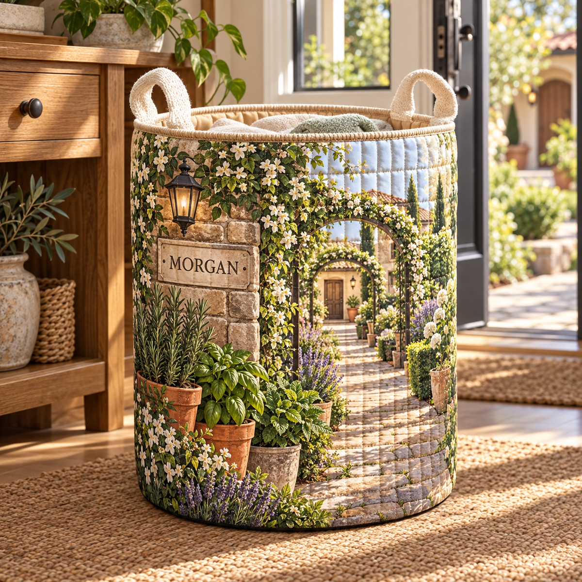 Herb Garden Housewarming Laundry Hamper with flat printed personalized herb garden housewarming artwork