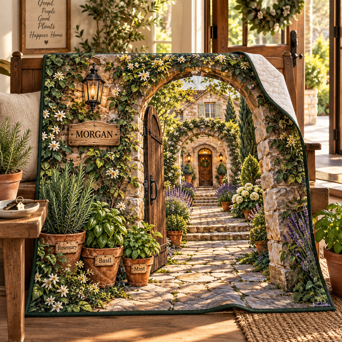 Herb Garden Housewarming Quilt Blanket with flat printed personalized herb garden housewarming artwork