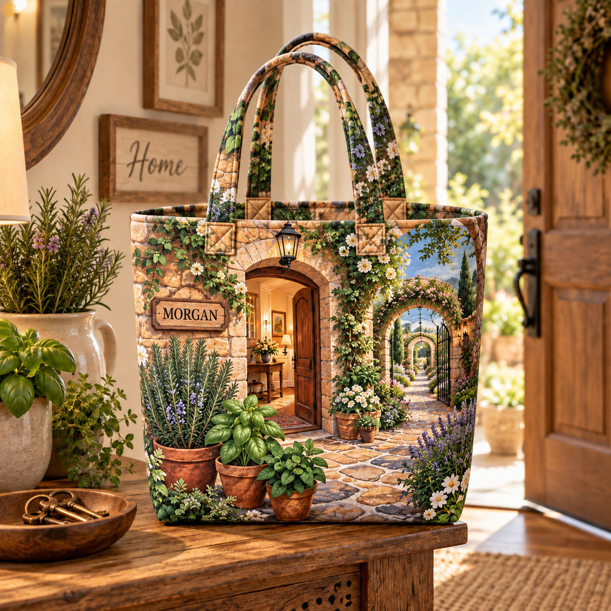 Herb Garden Housewarming Quilted Tote Bag with flat printed personalized herb garden housewarming artwork