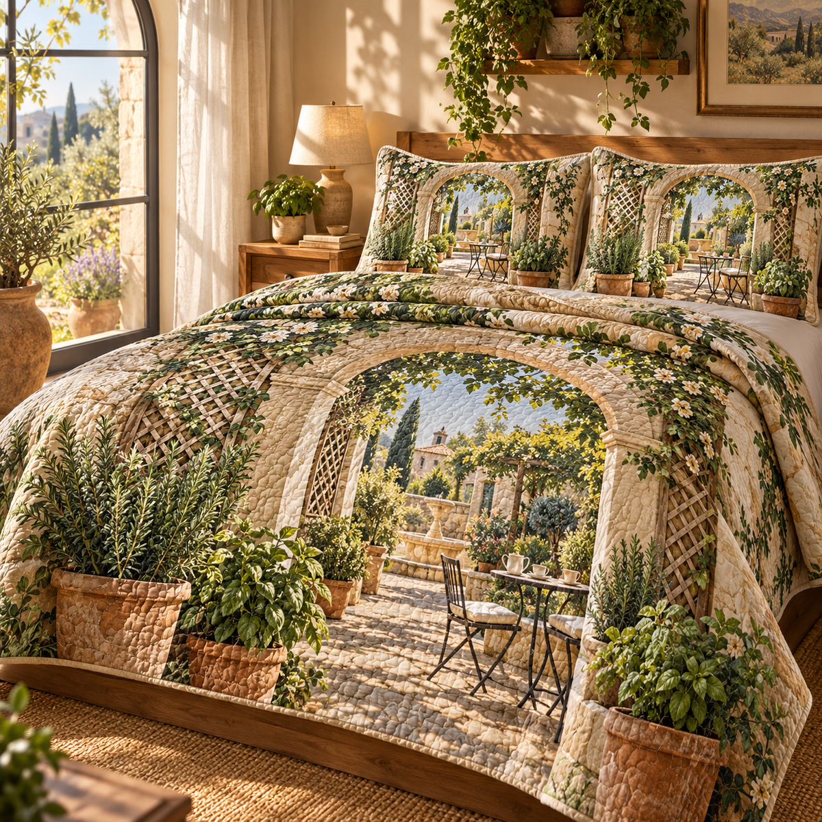 Herb Garden Quiet Corner Quilted Bedding Set with flat printed herb garden quiet corner artwork