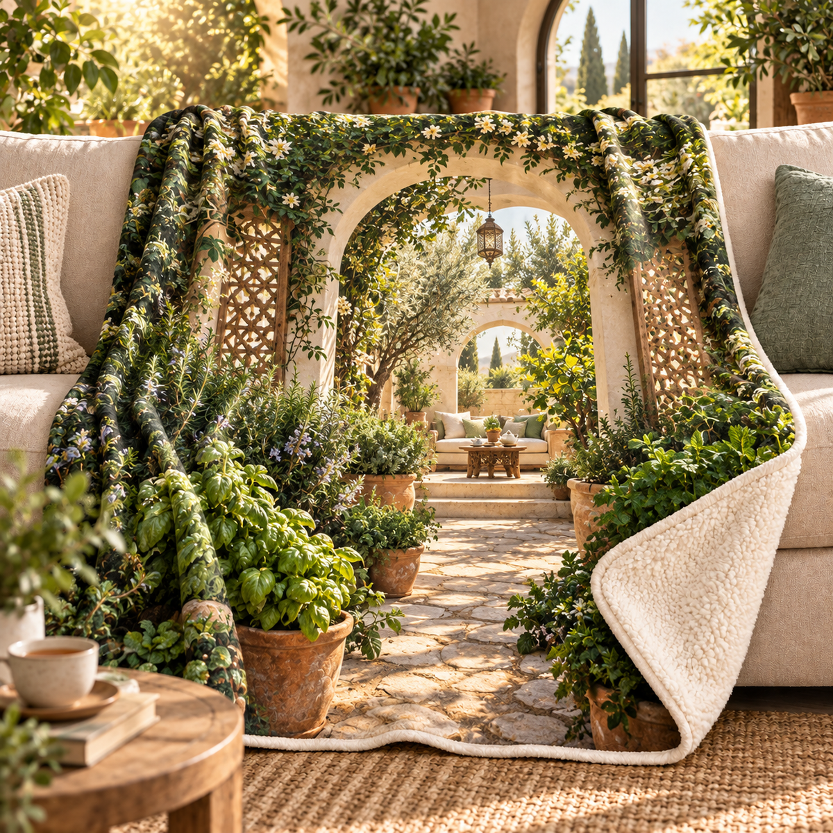Herb Garden Quiet Corner Sherpa & Fleece Blanket with flat printed herb garden quiet corner artwork